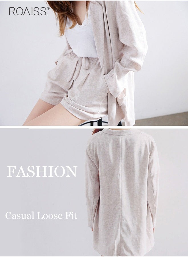 roaiss Women's 2-Piece Cotton Linen Set Lightweight Small Suit Jacket And Casual Loose Fitting Wide Leg Shorts  - Image 4
