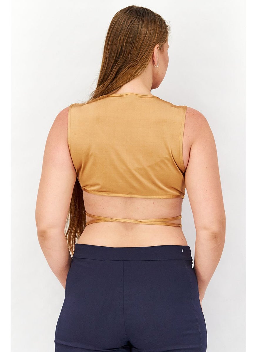 Asos Design - Women Round Neck Sleeveless Metallic Crop Top, Bronze - Image 1
