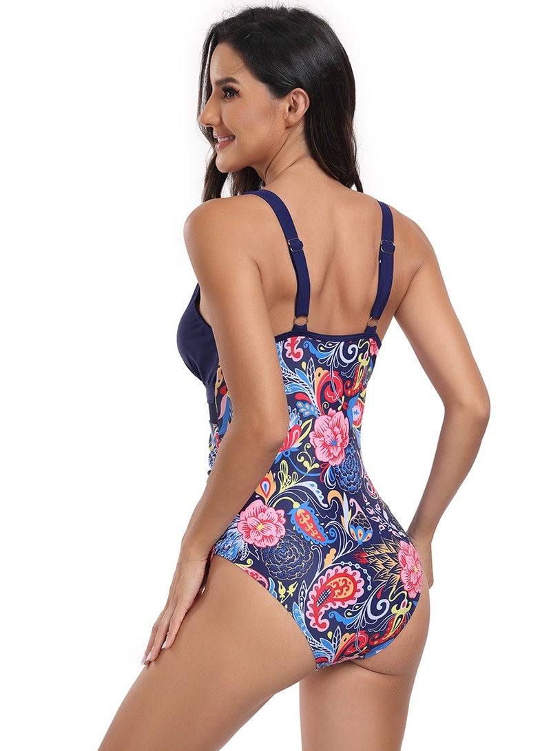 Women's Printed One Piece Swimsuit V-Neck Bathing Suits Navy Blue - Image 3