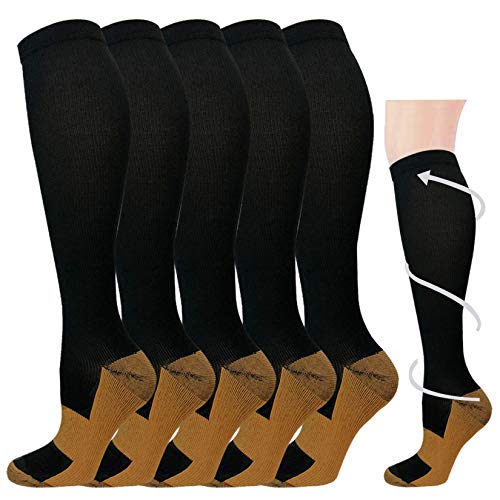 Hi Clasmix 5 Pairs Black Copper Plus Size Compression Socks for Men & Women 20-30 mmHg Graduated Stockings for Wide Calf Medical Nurses Support Thigh Veins Running Travel Athletic Hose(Black Copper,2XL-3XL) - Image 1