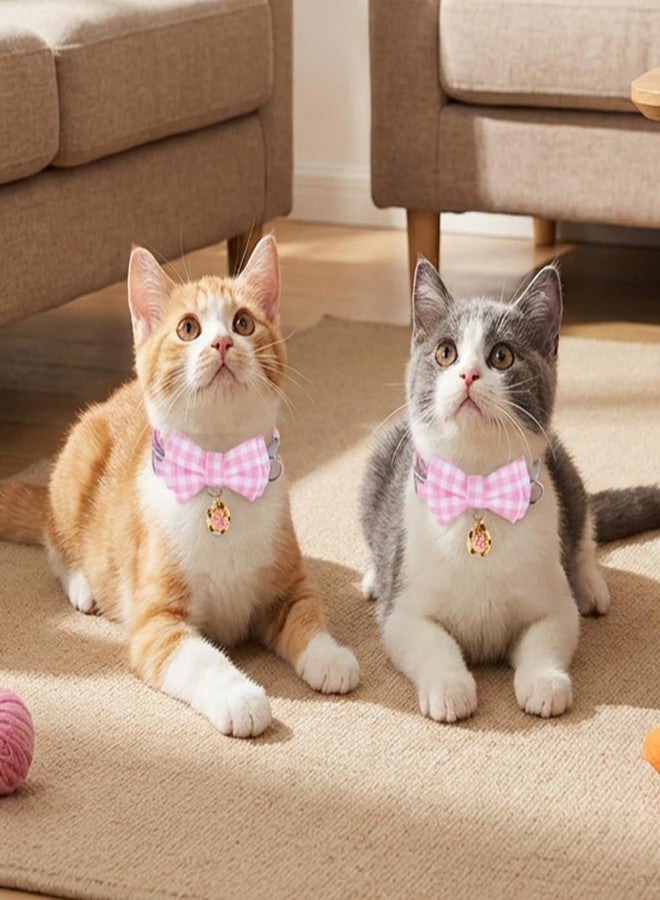 Qpets طوق قطط Qpets® مع جرس، طوق قابل للتعديل من 23 إلى 33 سم للقطط الصغيرة والحيوانات الأليفة - تصميم فيونكة من القطن الناعم بنقشة مربعات، مشبك أمان سريع الفتح، إكسسوار قلادة خفيف الوزن وقابل للفصل (وردي) - Image 5
