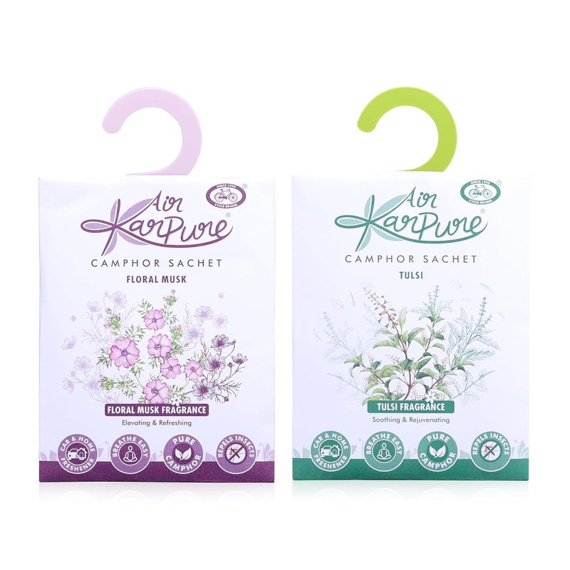 CYCLE كيس كافور نقي - عبوة من 2 | معطر هواء للخزائن، المنزل، المكتب، الحمام، السيارة | تولسي، مسك زهور | كل واحد يدوم حتى 30 يومًا - Image 1