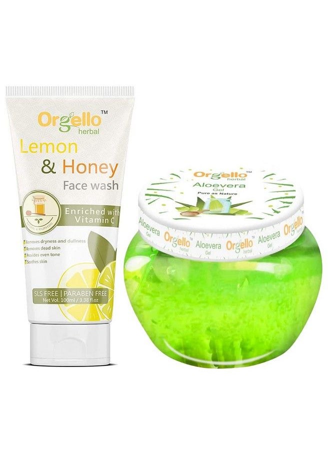 Orgello - Herbal Aloe Vera Massage Gel For Face ; Aloe Vera Gel 100Gm For Acne Scars Glowing & Radiant Skin 1 X 100 Gm + Lemon Honey Face Wash 1 X 100 Gm ; Pack Of 2 - Image 1