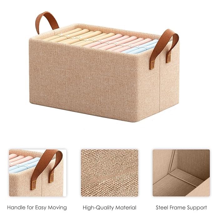 Gnanex Gnanex 26 Liter Foldable Cloth Storage Box Metal Frame Rectangle Storage Baskets With with Handles Shelf Basket for Cloth Saree Shirt Blanket Pack of 426 Liter Brown - Image 3