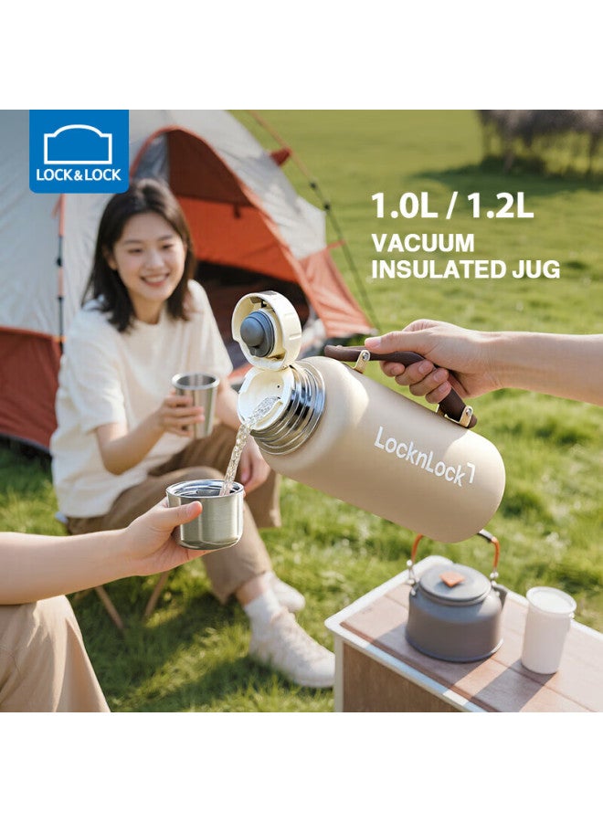 Lock&lock Large Capacity Stainless Steel Insulated Bottle, Hot And Cold Water Bottle For Outdoor Travel And Sports, With Handle, 1.2l, Beige - Image 1