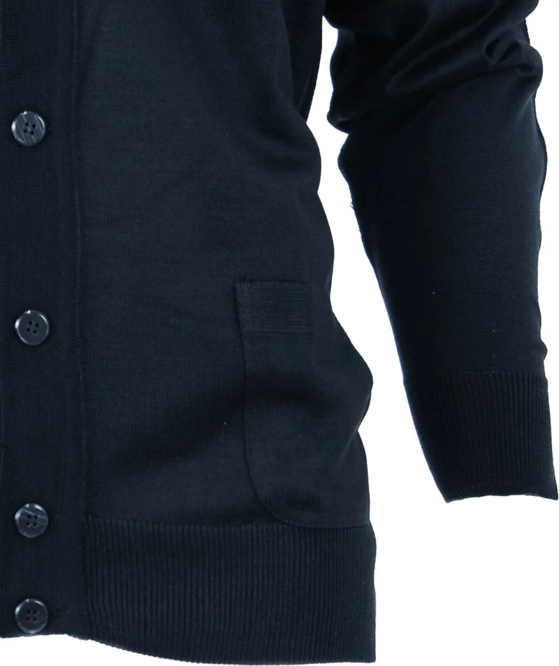 Oppland Men's Navy Blue Dad Cardigan With Front Buttons Classic Double Pocket Casual Cut Fine Wool Woven