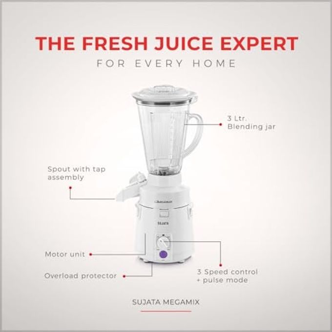 SUJATA Megamix 900 Watts Mixer Blender | 22000 Rotations Per Min | 90 Minutes Continuous Running | Versatile Jar 3000 ml - Image 2
