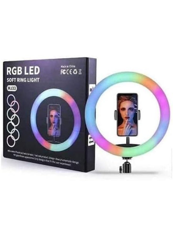 ✨ رينج لايت MJ33 RGB احترافي بـ 10 ألوان | ستاند 2.1 متر | حامل موبايل مزدوج - إضاءة تصوير وفيديو 🚀 - Image 4