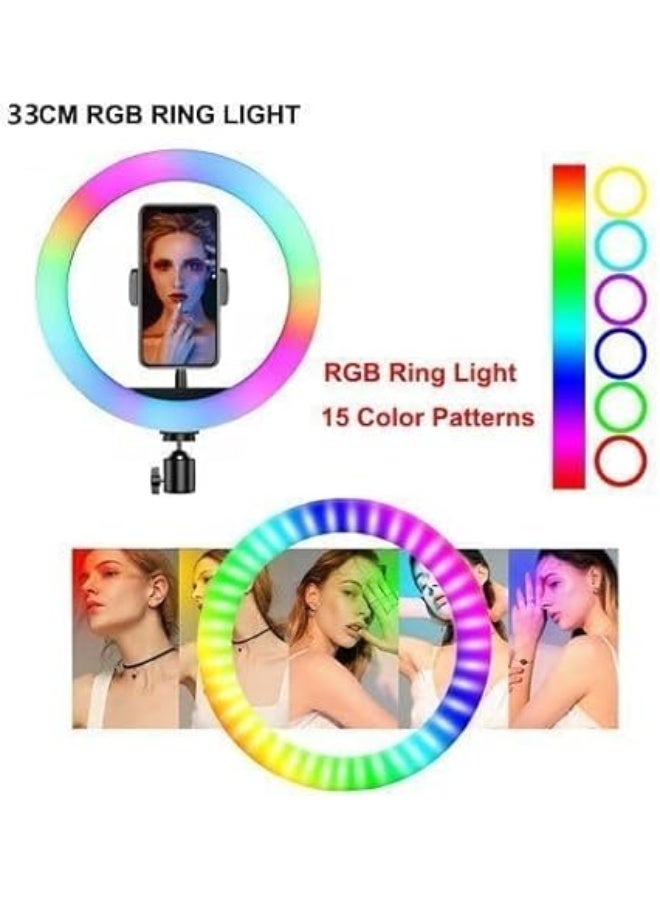✨ رينج لايت MJ33 RGB احترافي بـ 10 ألوان | ستاند 2.1 متر | حامل موبايل مزدوج - إضاءة تصوير وفيديو 🚀 - Image 3