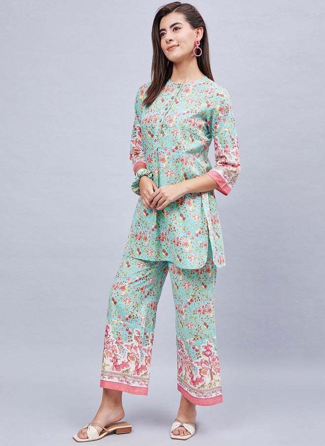 WineRed Sea Green Floral Printed Top With Trouser & Scrunchie For Women - Image 4