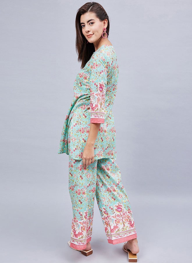 WineRed Sea Green Floral Printed Top With Trouser & Scrunchie For Women - Image 5