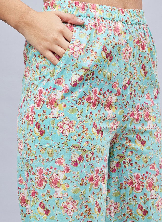 WineRed Sea Green Floral Printed Top With Trouser & Scrunchie For Women - Image 3