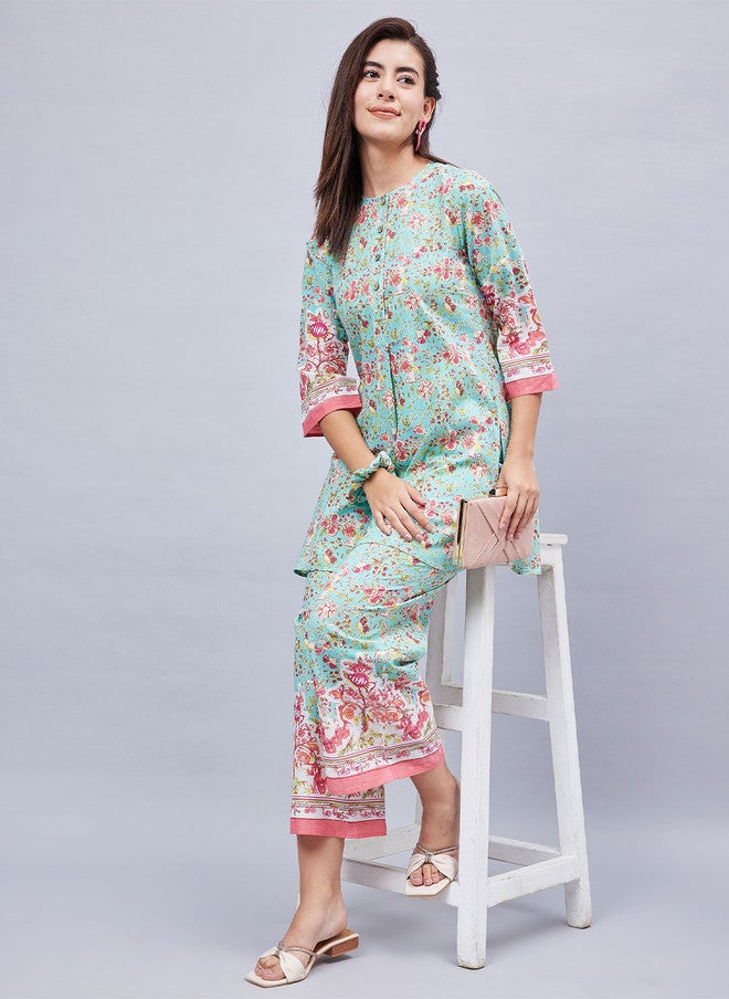 WineRed Sea Green Floral Printed Top With Trouser & Scrunchie For Women - Image 1