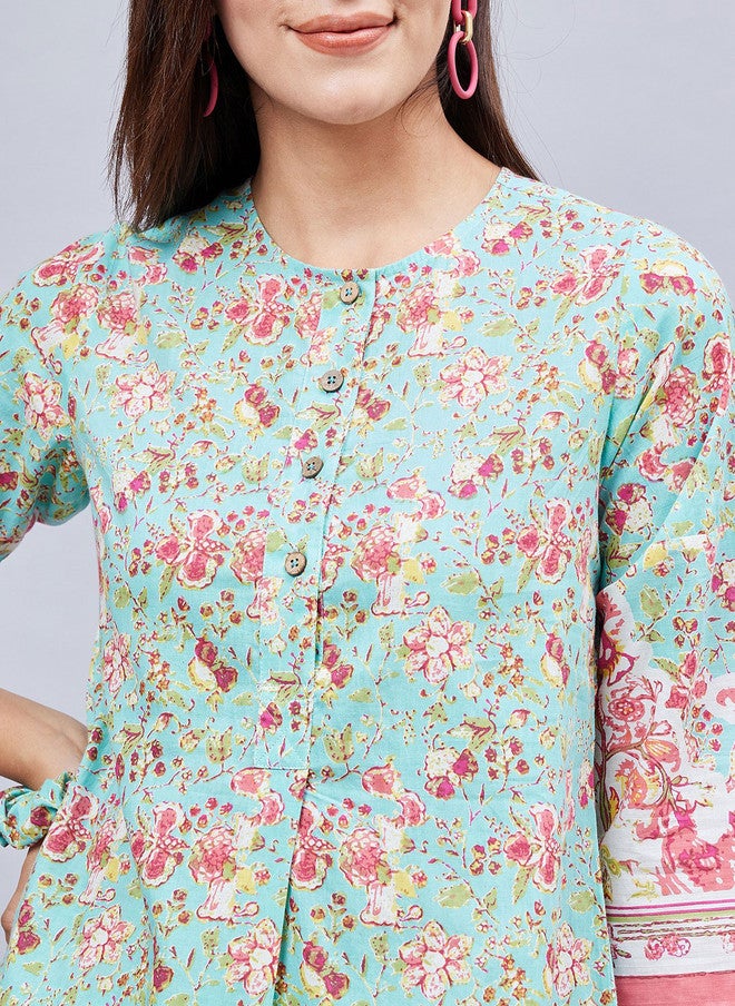 WineRed Sea Green Floral Printed Top With Trouser & Scrunchie For Women - Image 2