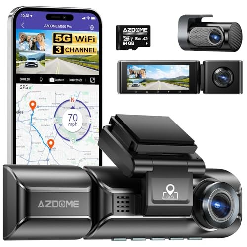 AZDOME M550 Pro5G WiFi 3Channel Dash Cam for Car Built-in GPS, 4K+1080P Dual Dashcam for Front and Rear 1440P+1080P, 512GB, 3.19" IPS Screen, IR Night Vision, 24H Parking Mode - Car Accessories - Image 1