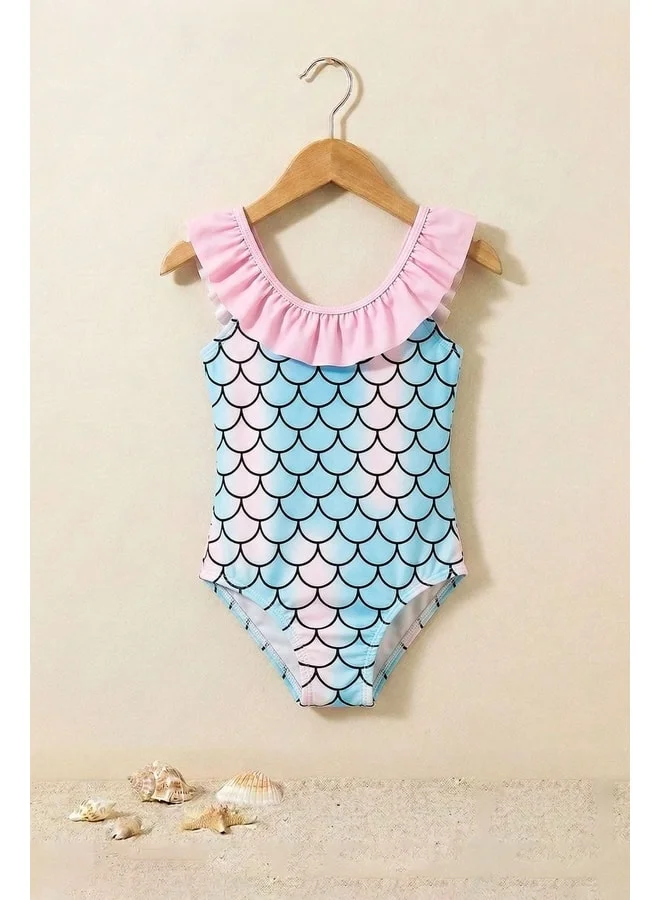 zuzunga Girl Mermaid-Patterned Ruffled Swimsuit.