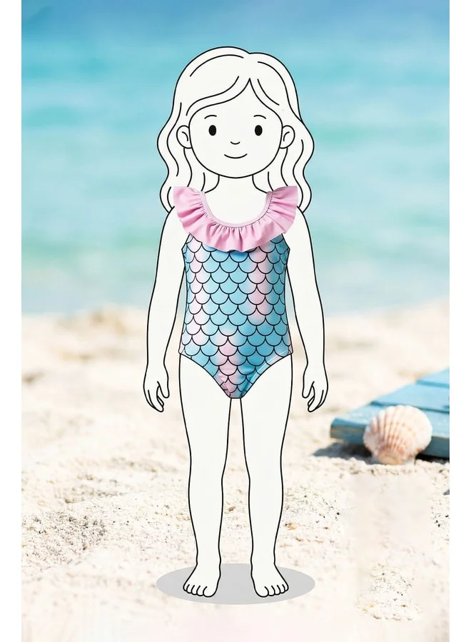 zuzunga Girl Mermaid-Patterned Ruffled Swimsuit.