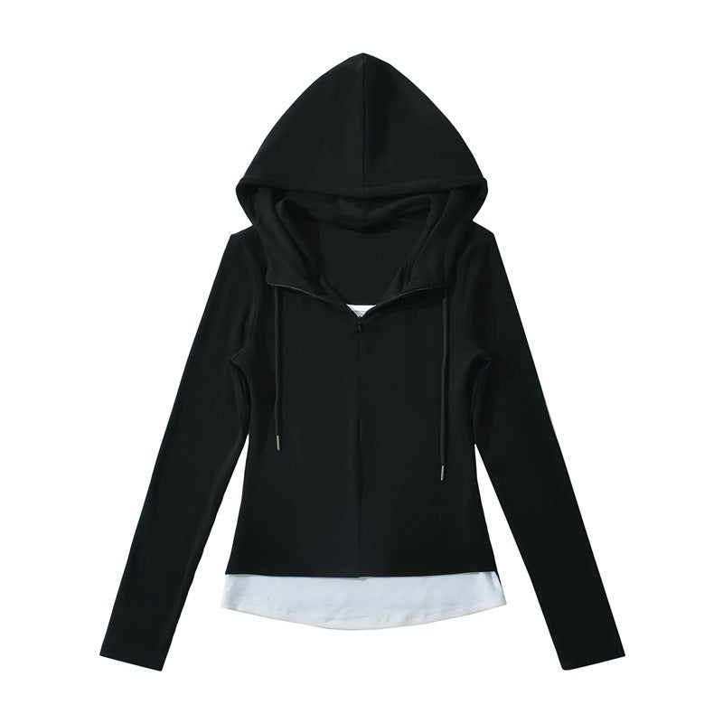 American Style Girl Fake Two-Piece Drawstring Hooded Long-Sleeved T-Shirt Design Sense High Elastic Slim Base Top - Image 1