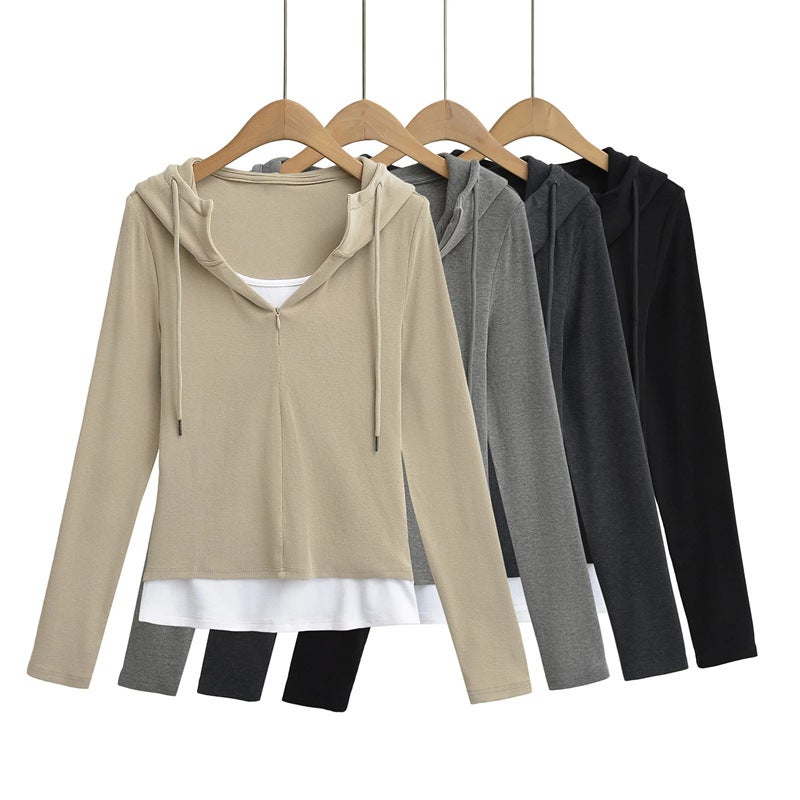 American Style Girl Fake Two-Piece Drawstring Hooded Long-Sleeved T-Shirt Design Sense High Elastic Slim Base Top - Image 2