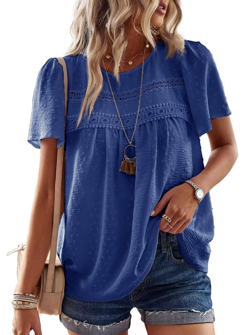 Falechay Blouses for Women Fashion 2026 Hook Flower Lace Crew Neck Boho Tunic Tops Short Sleeve Fall Shirts Royal Blue XXL - Image 1