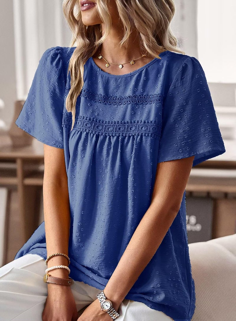 Falechay Blouses for Women Fashion 2026 Hook Flower Lace Crew Neck Boho Tunic Tops Short Sleeve Fall Shirts Royal Blue XXL - Image 2