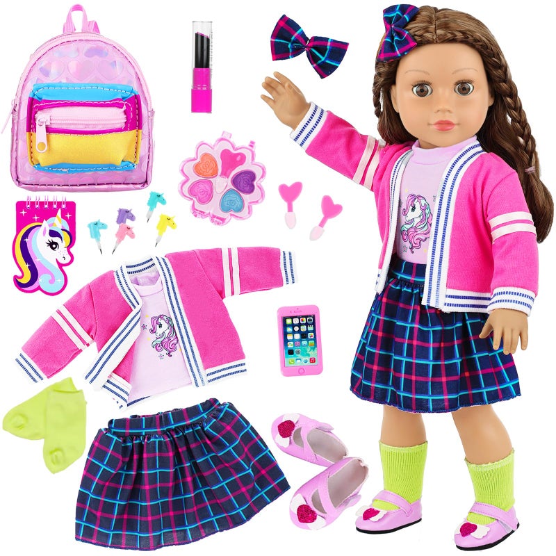 K. T. Fancy KT Fancy American 18 Inch Doll British Style Fashion Set 14 PCS Clothes Accessory Collection with School Bag Unicorn StationeryMakeup Tools for 18 Dolls - Image 3