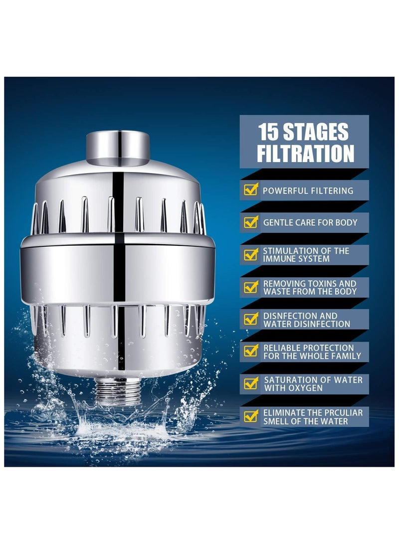مجموعة رأس الدش وفلتر الدش المكون من 15 مرحلة – ضغط عالي و5 إعدادات للرش، وخرطوشة فلتر تنقية المياه للمياه العسيرة، وإزالة الكلور والمواد الضارة – رأس دش مفلتر لبشرة وشعر أكثر صحة - Image 2