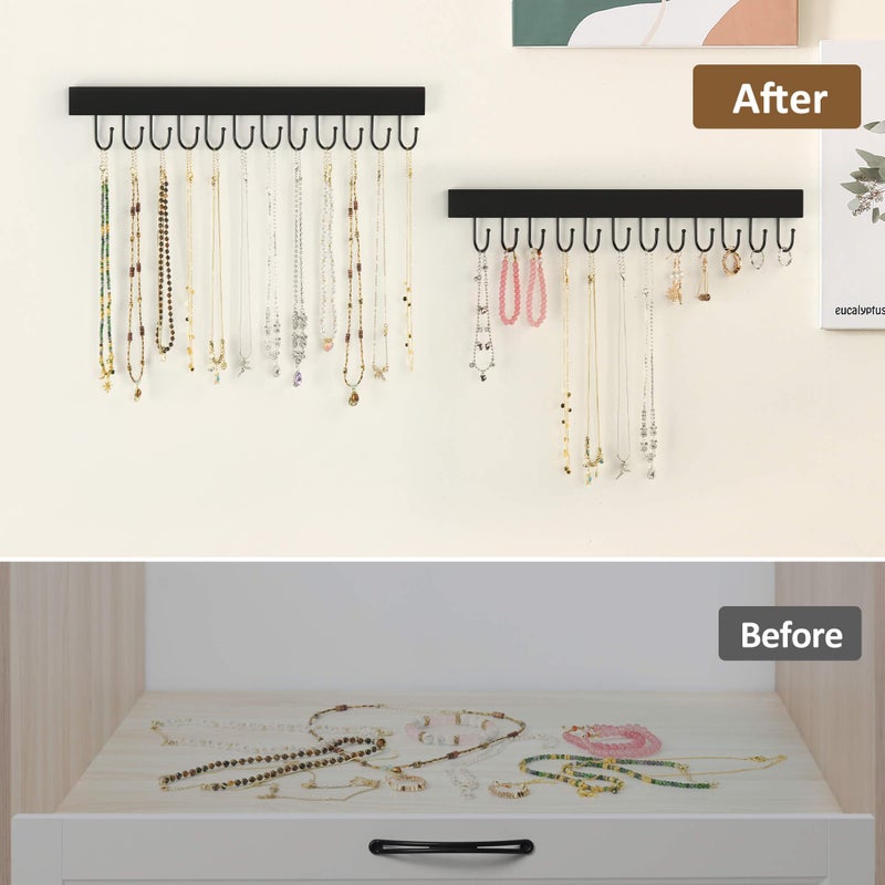 ZEDODIER 2 Pack Necklace Organizer Wall Mount, Wooden Jewelry Hanger Necklace Holder with 24 Hooks,Hanging Jewelry Organizer, Black - Image 2