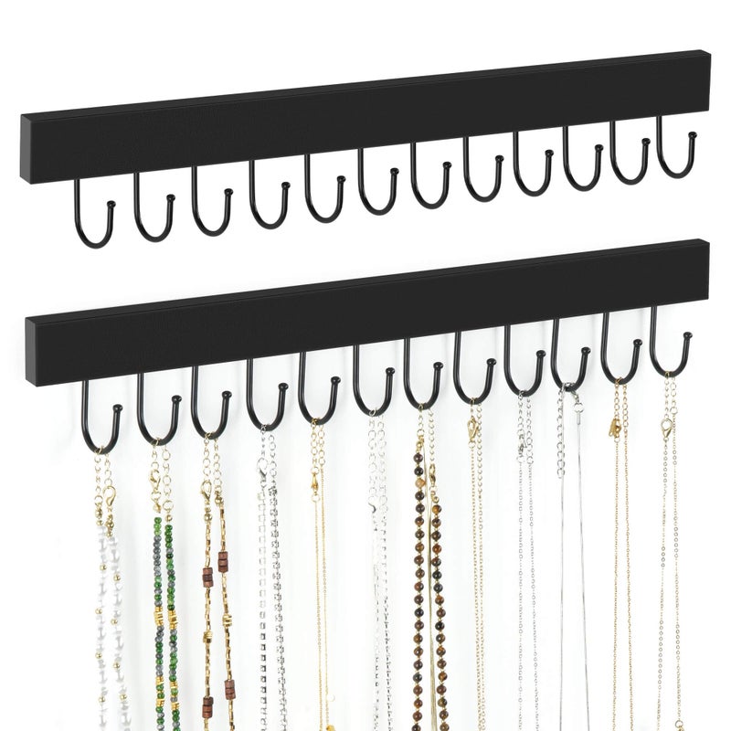 ZEDODIER 2 Pack Necklace Organizer Wall Mount, Wooden Jewelry Hanger Necklace Holder with 24 Hooks,Hanging Jewelry Organizer, Black - Image 1