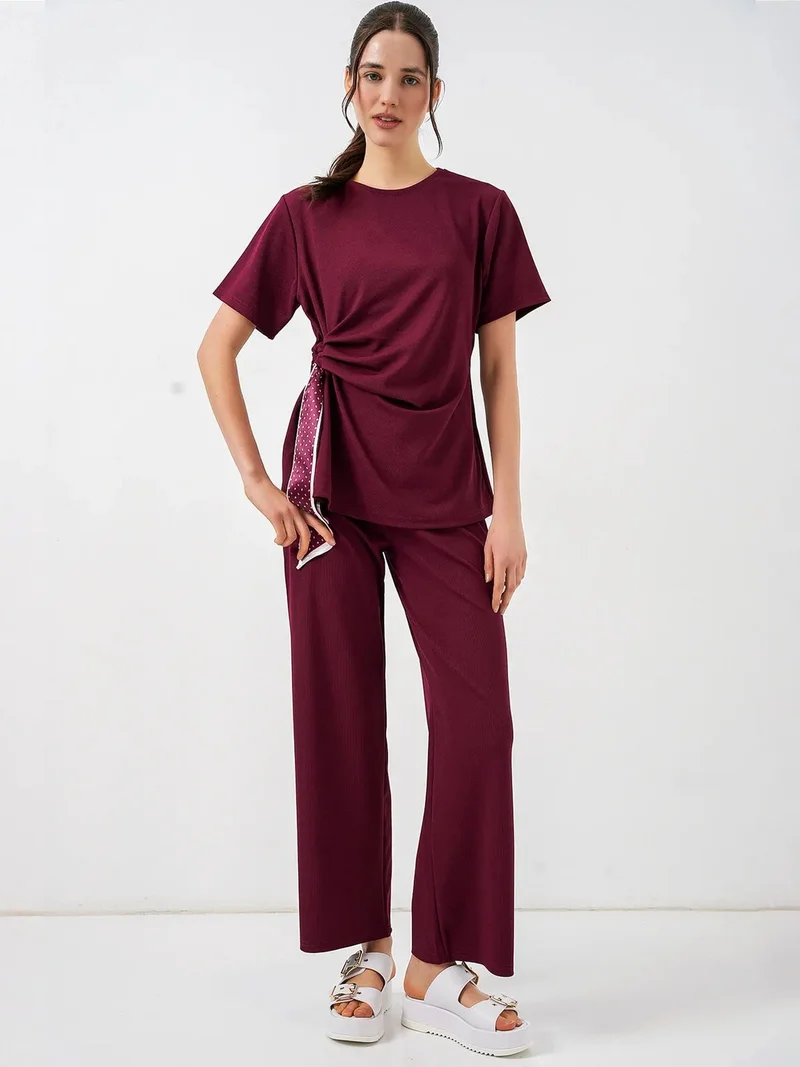 بيغ دارت BDART Crew Neck Tie Detail Ribbed Co-Ord Set with Wide Leg Trousers