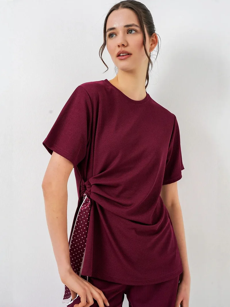 بيغ دارت BDART Crew Neck Tie Detail Ribbed Co-Ord Set with Wide Leg Trousers