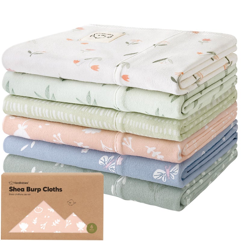 KeaBabies Organic Burp Cloths Baby Boy, Girl - 6-Pack Large Cotton Burping Cloths for Babies, Spit Up Rags, Super Absorbent, Ultra Soft Newborn Rag, Gender Neutral, Machine Washable, Durable (Fleur) - Image 1