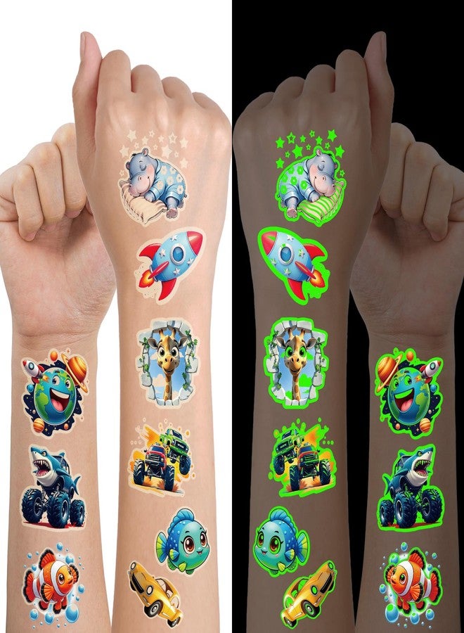 Metuu Glow in Dark 3D Temporary Tattoos for Kids, 117 Unicorn Mermaid Truck Dinosaur Space Cartoon Animal Waterproof Fake Tattoos, Luminous Small Stickers for Boys Girls Birthday Party Favor - Image 1