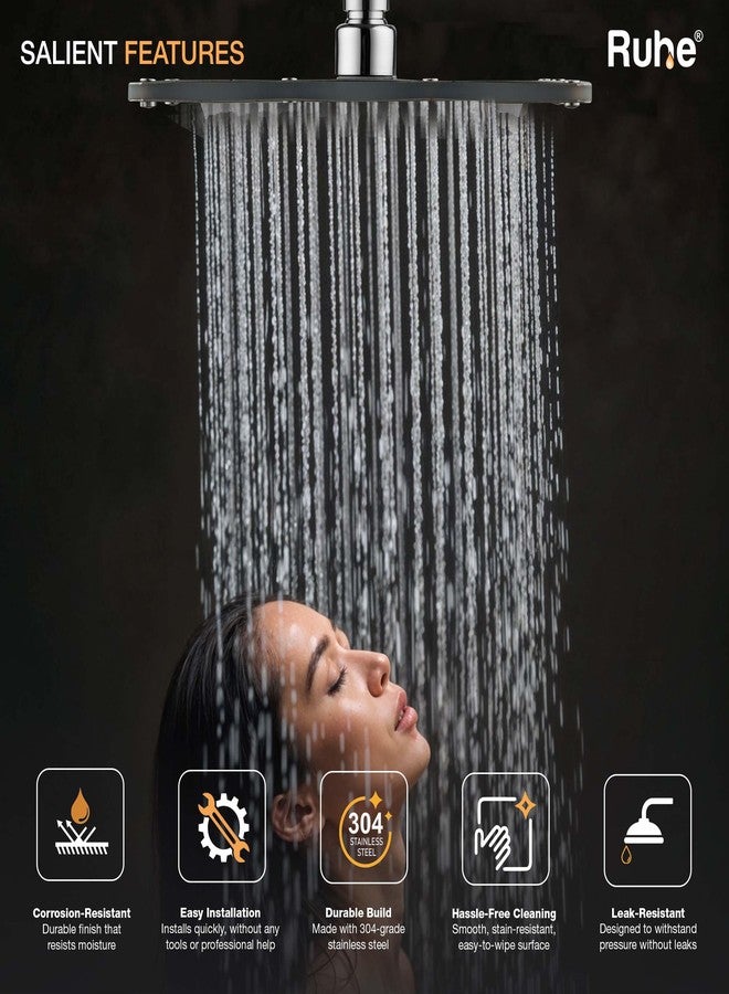 روهي دش علوي Ruhe® Rain Joy مصنوع من الفولاذ المقاوم للصدأ عيار 304 مع لمسة نهائية من الكروم | دش مطري 8x8 بوصة للحمامات | رأس دش مربع قوي مع فوهات سيليكون سهلة التنظيف | بدون ذراع دش - Image 3