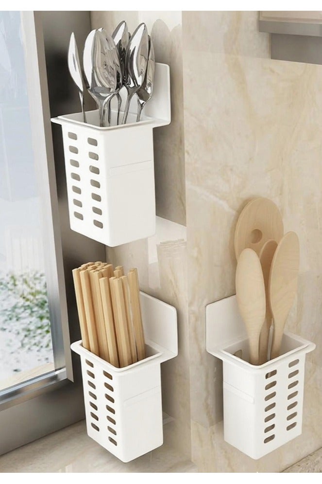Leon Home 3-in-1 Wall Mount Organizer Set (Utensil Holder/Toothbrush & Toothpaste Rack) - No Drilling Strong Adhesive, Kitchen Bathroom Storage Shelf for Spices, Cutlery, Hygiene Tools - Image 1