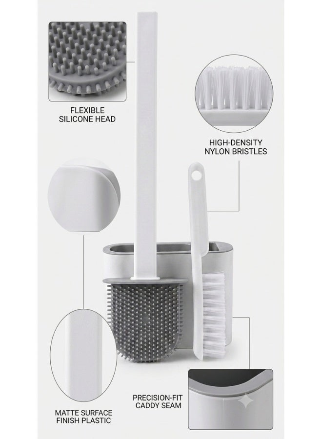Toilet Brush and Holder Set with Compact Storage Caddy, White and Gray, 2-Piece - Image 2