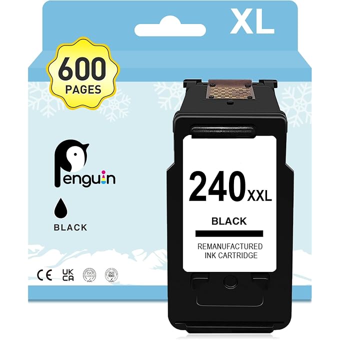 Penguin 240XXL Black Remanufactured Ink Cartridge for PG-240 for PIXMA MG3620 MG3600 TS5120 MG3520 MG3522 MG2220 MG2120 MX472 MX452 MX470 MX459 Printers High Yield PG 240XXL1 Black