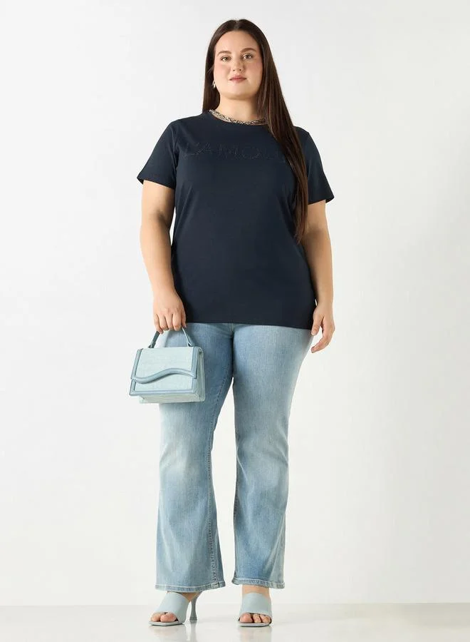 Ulla Popken Plus Size Ulla Popken Embellished T-shirt with Short Sleeves