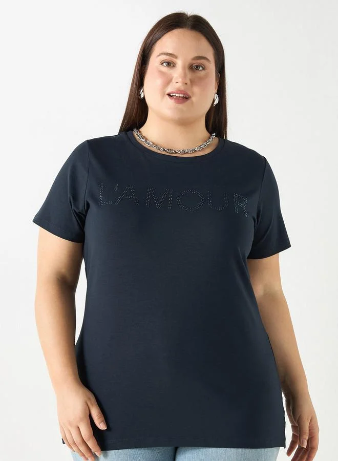 Ulla Popken Plus Size Ulla Popken Embellished T-shirt with Short Sleeves