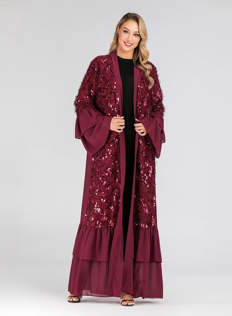 Loquat Sequin Chiffon Flare Sleeve Muslim Cardigan Gown Abaya Red - Image 3