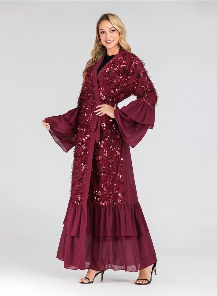 Loquat Sequin Chiffon Flare Sleeve Muslim Cardigan Gown Abaya Red - Image 1