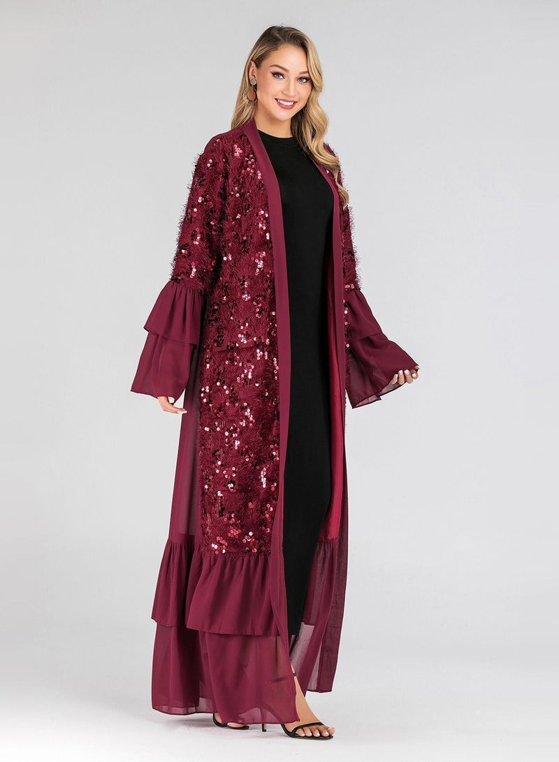 Loquat Sequin Chiffon Flare Sleeve Muslim Cardigan Gown Abaya Red - Image 2