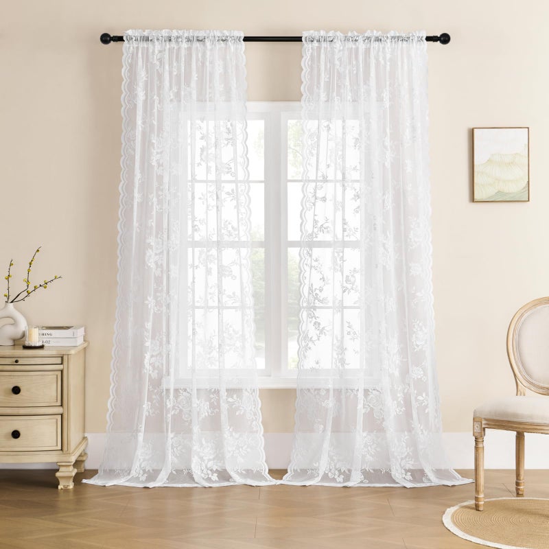 SEEKRIGHT White Lace Curtains 84 Inches Long for Living Room Bedroom Victorian Floral Sheer Curtains 2 Panels Set Rod Pocket Light Filtering Vintage Western Edges Crochet Drapes for Window Decor, 52x84 - Image 2