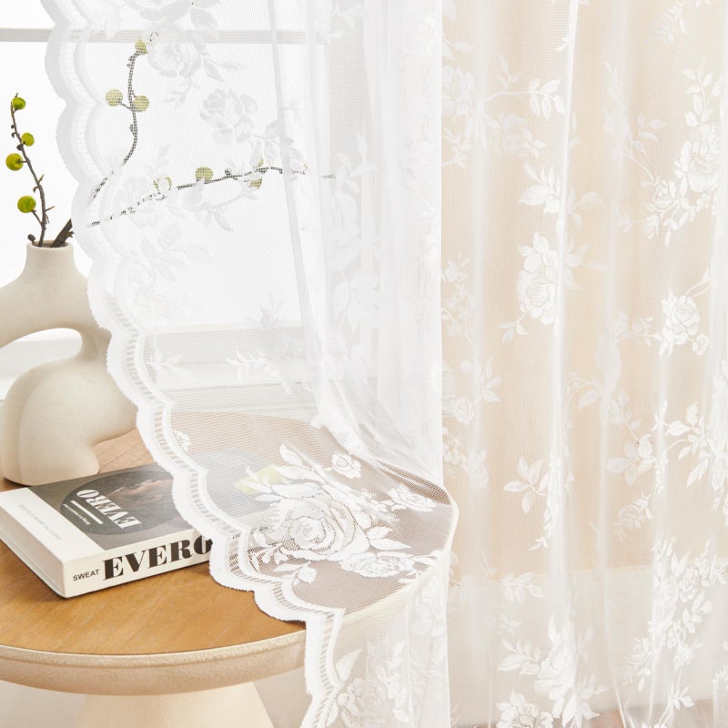 SEEKRIGHT White Lace Curtains 84 Inches Long for Living Room Bedroom Victorian Floral Sheer Curtains 2 Panels Set Rod Pocket Light Filtering Vintage Western Edges Crochet Drapes for Window Decor, 52x84 - Image 1
