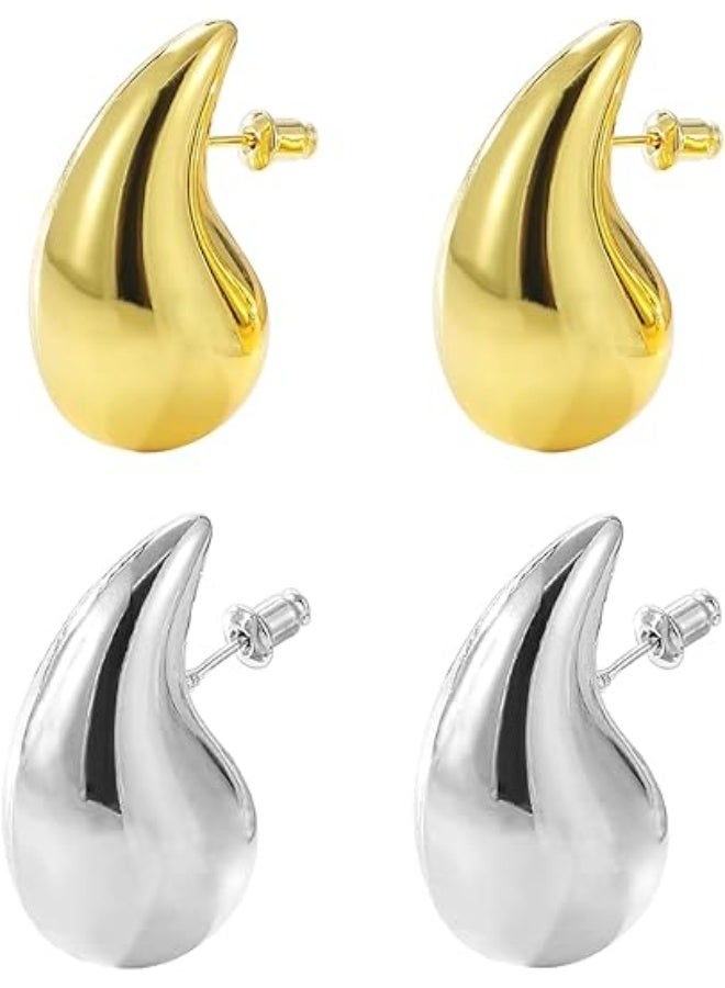 Gold and Silver Hoop Teardrop Earrings Rings Set - Stylish Small Hoop Earrings for Women - Chunky Gold Hoops - Trendy Jewelry Collection - Image 1