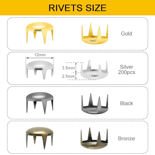 CooBigo 200pcs 12mm Round Dome Rivets Spike Studs Spots Nailhead Punk Rock DIY Leather Craft for Shoes Clothing Bag Parts Decoration (Silver) - Image 2