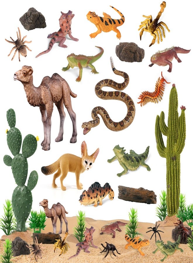 SIENON 32Pcs Desert Animal Figurines Set Model Trees Cactus Kit Desert Diorama Project with Camel Fennec Fox Rattlesnake Scorpion Lizard Reptile Toy Playset for Kids Birthday Cake Toppers Party Décor - Image 1