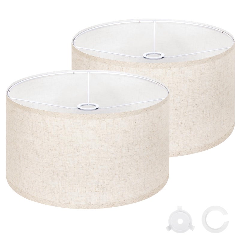 OUTON Beige Lamp shades Set of 2, Large Drum Lamp Shades for Floor Lamps, 16" Top x 16" Bottom x 9" High, Easy to Assemble, Replacement Linen Lampshades for Table Lamps & Bedside Lamps (1.65" Spider) - Image 1