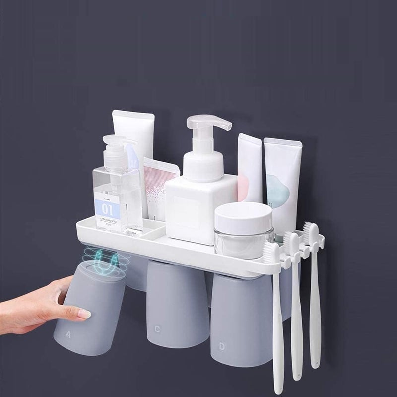 NANIAAY 3 Cup Toothbrush Storage Organizer, Bathroom Rack and Shelf, Magnetic Toothbrush Toothpaste Holder, Bathroom Accessories, Long Storage Tray - Image 2