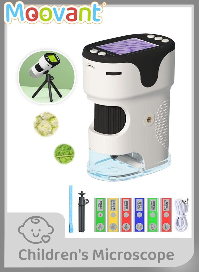 Moovant Microscope for Kids, 10PCS Portable Handheld Microscope Kit with Tripod & 6 PCS Microscope Slides,  Rechargeable 1000x HD Microscope Camera Toy, Science Education Microscope Kit with LED Display, White  - Image 1